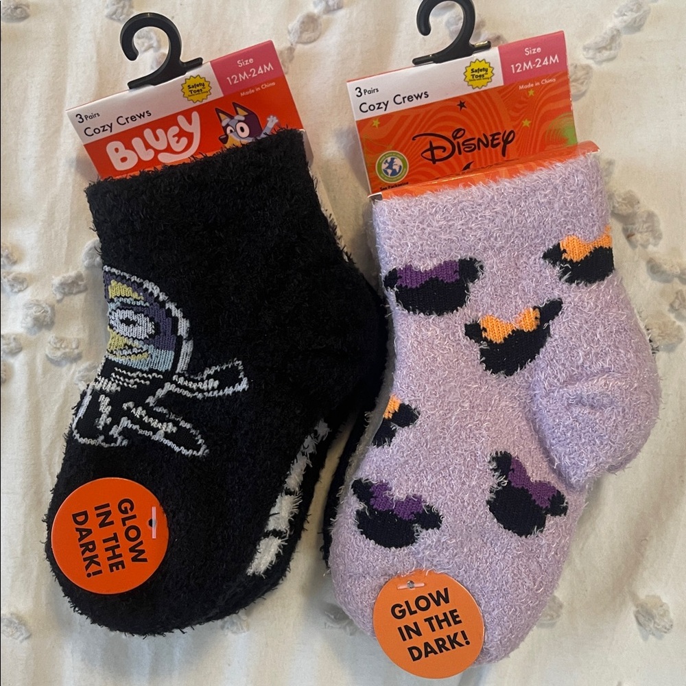 Disney Glow-in-the-Dark Socks - Bluey and Minnie mouse Black Purple nwt 6 pairs